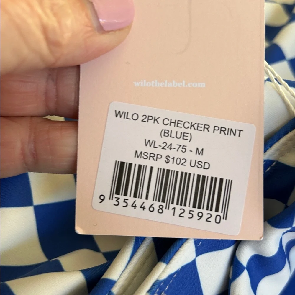NWT Wilo The Label Blue and White Check The Wave Bike shorts and Bra set. Medium - Picture 11 of 11